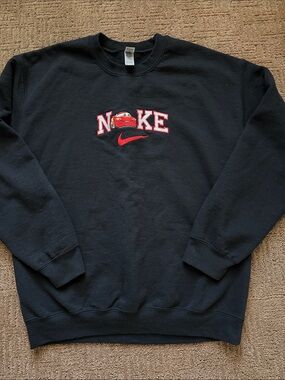 McQueen Black Crewneck Sweatshirt with Red Embroidered Logo